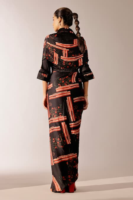 Shop Studio Surbhi Black Georgette Collared Abstract Printed Shirt And Skirt Set at Aza Fashions Shop_Studio Surbhi_Black Georgette Collared Abstract Printed Shirt And Skirt Set _at_Aza_Fashions