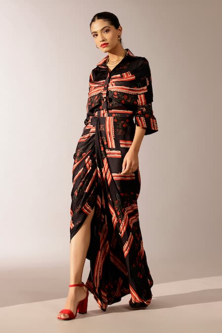 Studio Surbhi Black Georgette Collared Abstract Printed Shirt And Skirt Set Online at Aza Fashions Studio Surbhi_Black Georgette Collared Abstract Printed Shirt And Skirt Set _Online_at_Aza_Fashions