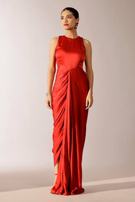 Studio Surbhi Red Georgette, Satin Embroidery Round Neck Abstract Printed Gown And Kimono Jacket Online at Aza Fashions Studio Surbhi_Red Georgette, Satin Embroidery Round Neck Abstract Printed Gown And Kimono Jacket _Online_at_Aza_Fashions