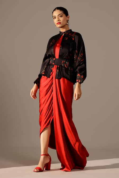 Buy Studio Surbhi Red Georgette, Satin Embroidery Round Neck Abstract Printed Gown And Kimono Jacket Online at Aza Fashions Buy_Studio Surbhi_Red Georgette, Satin Embroidery Round Neck Abstract Printed Gown And Kimono Jacket _Online_at_Aza_Fashions