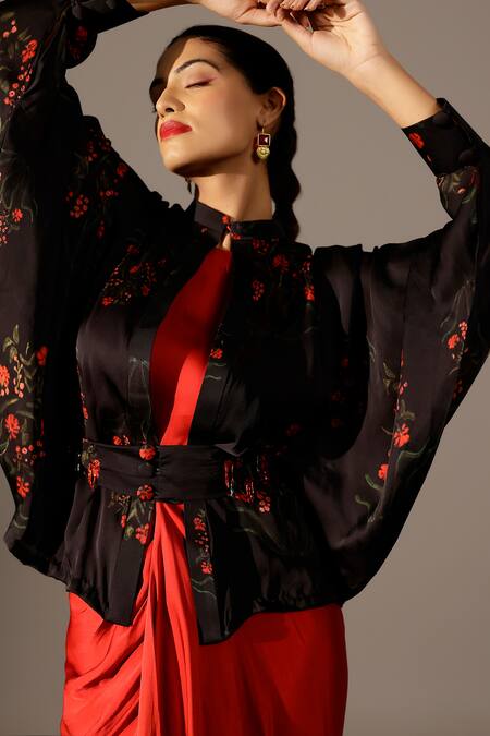 Shop Studio Surbhi Red Georgette, Satin Embroidery Round Neck Abstract Printed Gown And Kimono Jacket Online at Aza Fashions Shop_Studio Surbhi_Red Georgette, Satin Embroidery Round Neck Abstract Printed Gown And Kimono Jacket _Online_at_Aza_Fashions