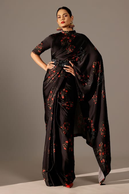 Studio Surbhi Abstract Print Pre-Draped Saree With Boota Collar Blouse 