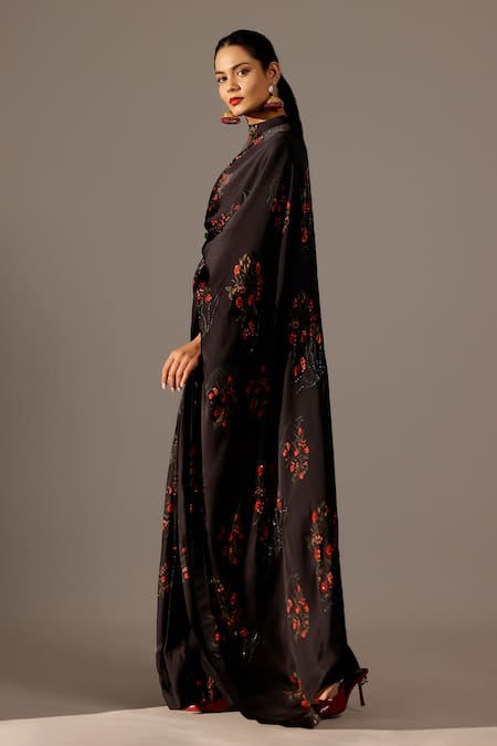Studio Surbhi_Black Georgette, Satin Beads Round Neck Abstract Printed Pre-draped Saree Set _Online_at_Aza_Fashions