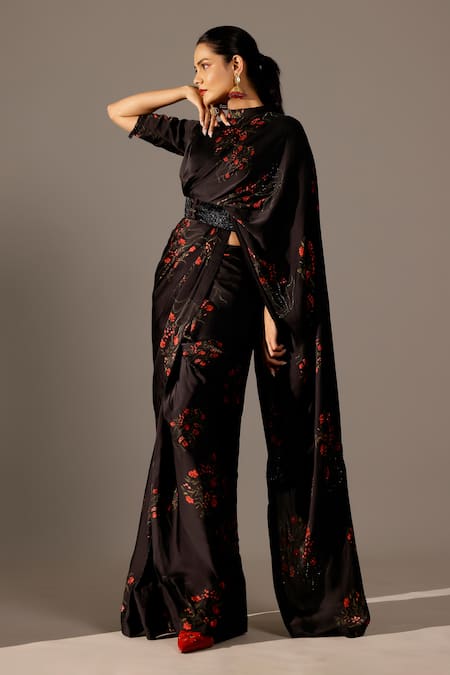 Buy_Studio Surbhi_Black Georgette, Satin Beads Round Neck Abstract Printed Pre-draped Saree Set _Online_at_Aza_Fashions