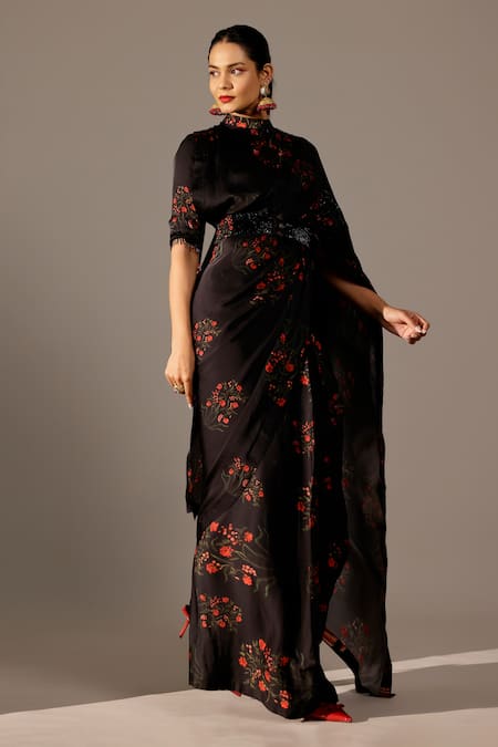Shop_Studio Surbhi_Black Georgette, Satin Beads Round Neck Abstract Printed Pre-draped Saree Set _Online_at_Aza_Fashions