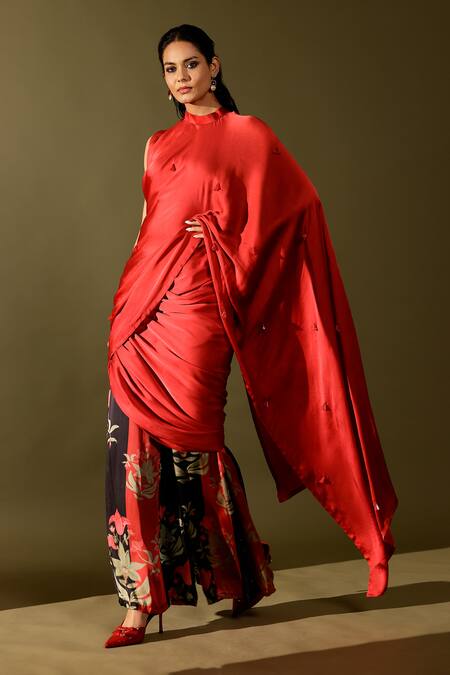 Studio Surbhi_Pink Georgette, Satin Embroidery High Neck, Round Floral Printed Pant Saree Set _Online_at_Aza_Fashions