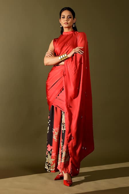 Buy_Studio Surbhi_Pink Georgette, Satin Embroidery High Neck, Round Floral Printed Pant Saree Set _Online_at_Aza_Fashions