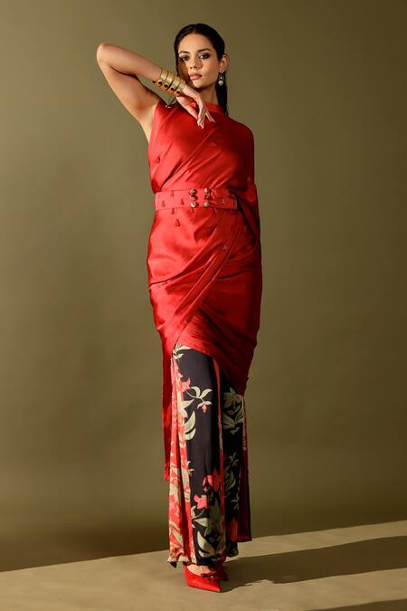 Shop_Studio Surbhi_Pink Georgette, Satin Embroidery High Neck, Round Floral Printed Pant Saree Set _Online_at_Aza_Fashions