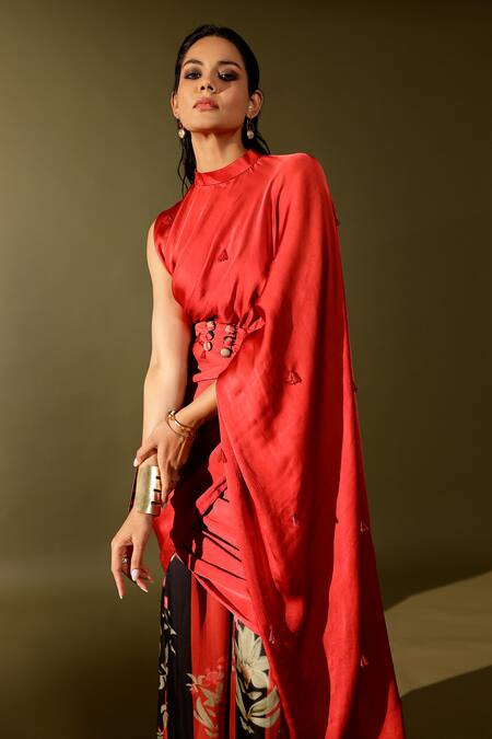 Studio Surbhi_Pink Georgette, Satin Embroidery High Neck, Round Floral Printed Pant Saree Set _at_Aza_Fashions