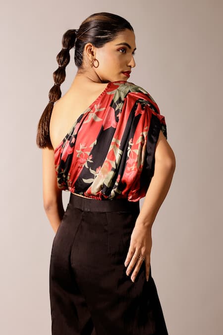 Shop_Studio Surbhi_Black Georgette, Satin Embroidery Floral Printed Draped Top And Pant Set _at_Aza_Fashions