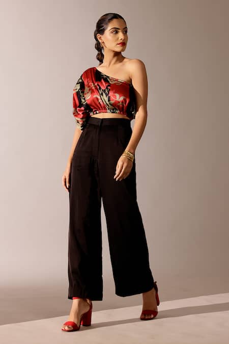 Studio Surbhi_Black Georgette, Satin Embroidery Floral Printed Draped Top And Pant Set _Online_at_Aza_Fashions