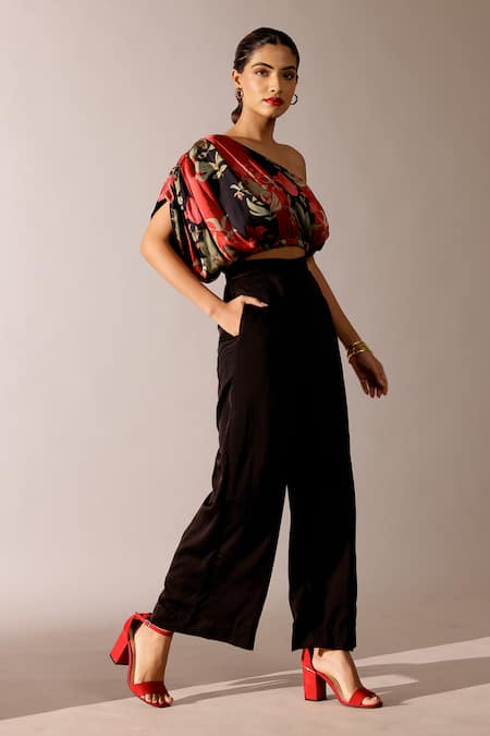 Buy_Studio Surbhi_Black Georgette, Satin Embroidery Floral Printed Draped Top And Pant Set _Online_at_Aza_Fashions