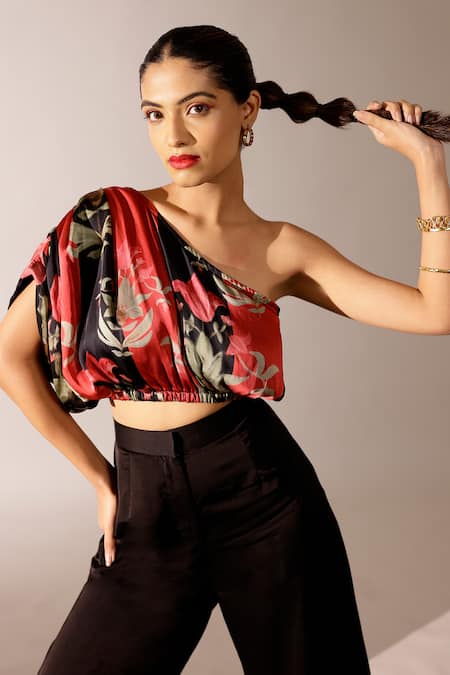 Shop_Studio Surbhi_Black Georgette, Satin Embroidery Floral Printed Draped Top And Pant Set _Online_at_Aza_Fashions