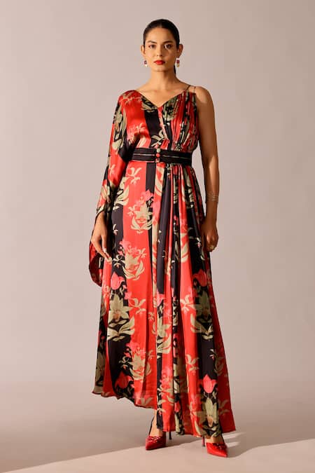 Studio Surbhi_Black Georgette, Satin Embroidery V-neck Floral Printed Gown With Belt _Online_at_Aza_Fashions