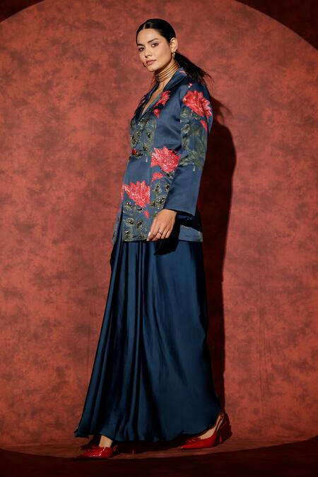 Studio Surbhi_Blue Georgette, Satin Embroidery, Sequins Floral Blazer And Draped Skirt Set _Online_at_Aza_Fashions
