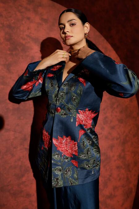 Buy_Studio Surbhi_Blue Georgette, Satin Embroidery, Sequins Floral Blazer And Draped Skirt Set _Online_at_Aza_Fashions