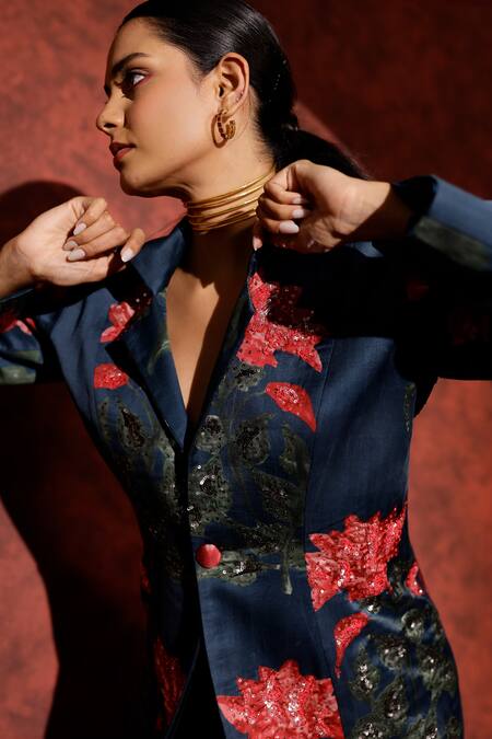 Studio Surbhi_Blue Georgette, Satin Embroidery, Sequins Floral Blazer And Draped Skirt Set _at_Aza_Fashions