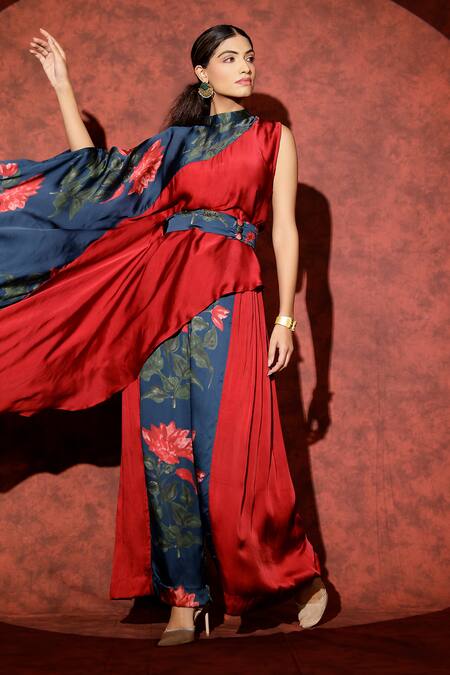 Studio Surbhi_Blue Georgette, Satin Cut Work, Floral Printed Asymmetric Top Pant Set _Online_at_Aza_Fashions