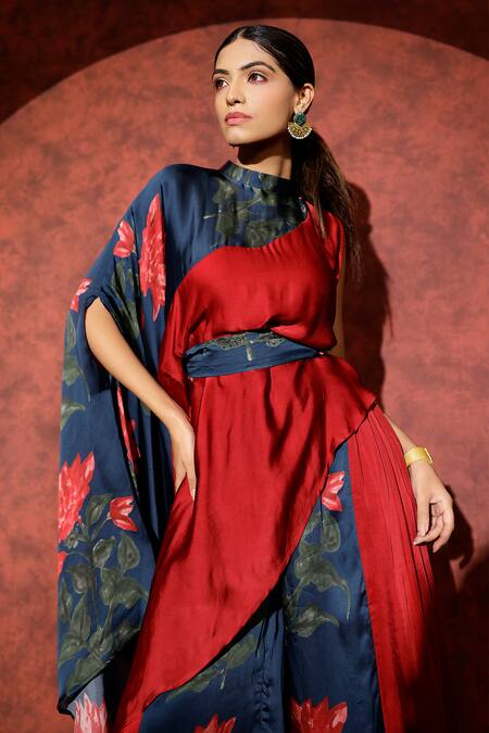 Buy_Studio Surbhi_Blue Georgette, Satin Cut Work, Floral Printed Asymmetric Top Pant Set _Online_at_Aza_Fashions