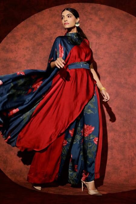 Shop_Studio Surbhi_Blue Georgette, Satin Cut Work, Floral Printed Asymmetric Top Pant Set _Online_at_Aza_Fashions