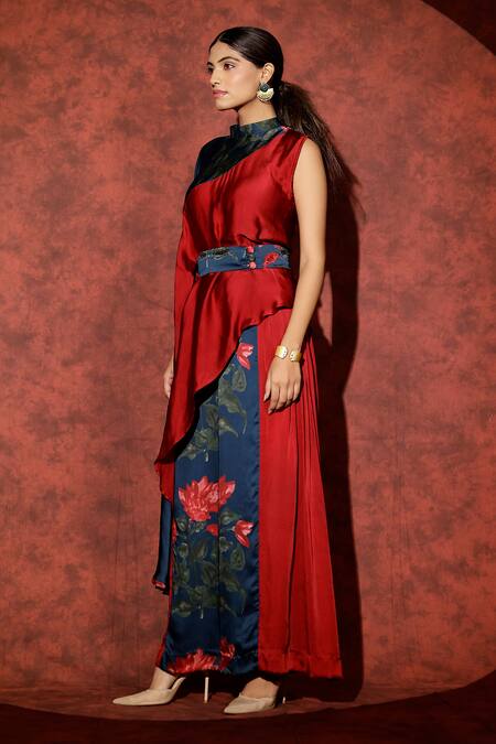 Studio Surbhi_Blue Georgette, Satin Cut Work, Floral Printed Asymmetric Top Pant Set _at_Aza_Fashions