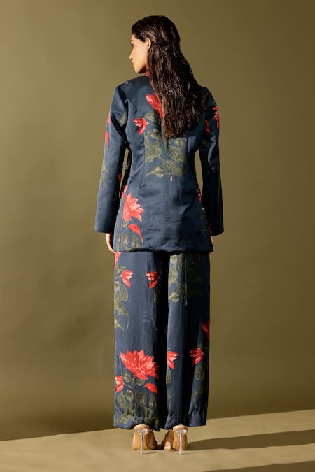 Shop_Studio Surbhi_Blue Cotton, Silk Sequins, Embroidery Floral Printed Blazer And Pant Set _at_Aza_Fashions