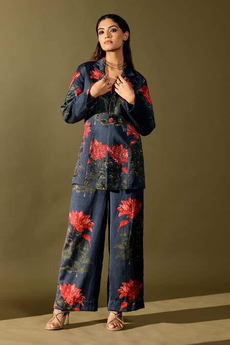 Studio Surbhi_Blue Cotton, Silk Sequins, Embroidery Floral Printed Blazer And Pant Set _Online_at_Aza_Fashions