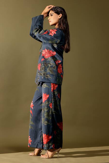 Buy_Studio Surbhi_Blue Cotton, Silk Sequins, Embroidery Floral Printed Blazer And Pant Set _Online_at_Aza_Fashions