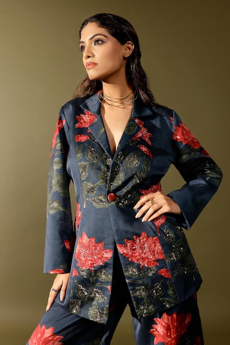 Studio Surbhi_Blue Cotton, Silk Sequins, Embroidery Floral Printed Blazer And Pant Set _at_Aza_Fashions