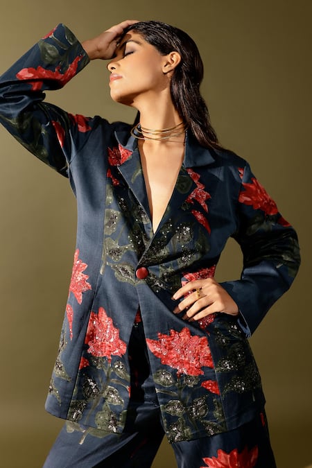 Buy_Studio Surbhi_Blue Cotton, Silk Sequins, Embroidery Floral Printed Blazer And Pant Set 
