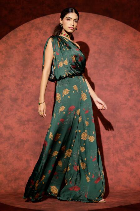 Studio Surbhi_Green Georgette One Shoulder Floral Motif Printed Jumpsuit _Online_at_Aza_Fashions