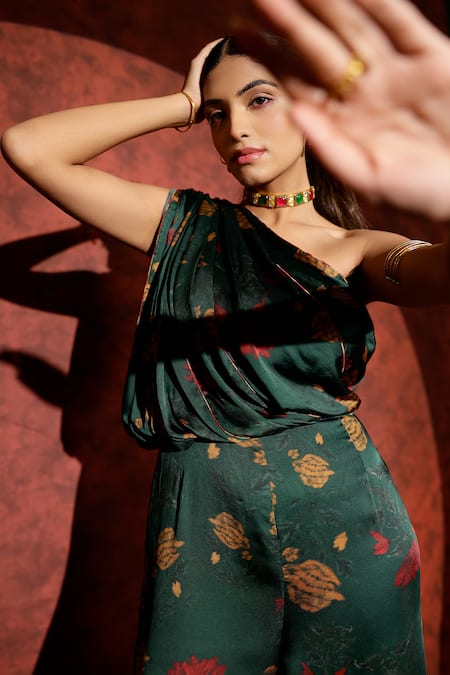 Shop_Studio Surbhi_Green Georgette One Shoulder Floral Motif Printed Jumpsuit _Online_at_Aza_Fashions