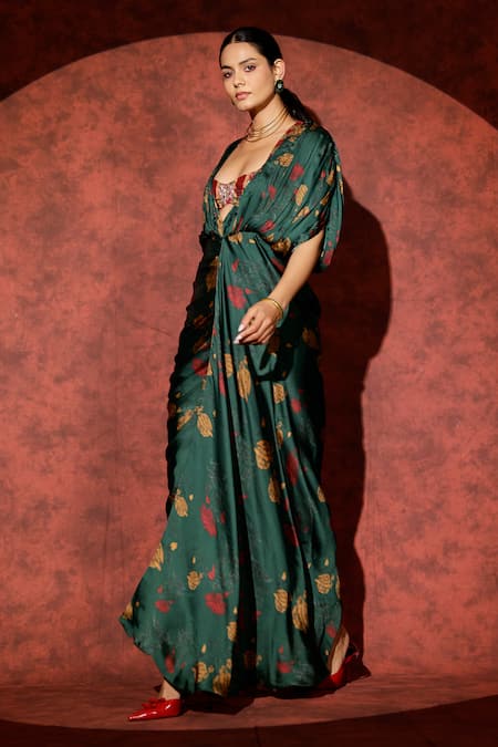 Buy_Studio Surbhi_Green Georgette, Satin Cut Work Plunge Neck Floral Printed Gown And Blouse Set _Online_at_Aza_Fashions