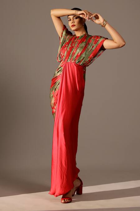 Studio Surbhi_Pink Georgette Round Neck Floral Printed Pleated Bodice Gown _Online_at_Aza_Fashions