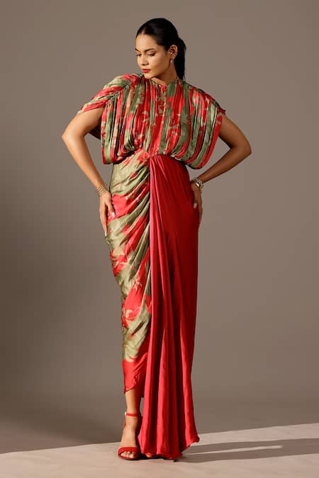 Buy_Studio Surbhi_Pink Georgette Round Neck Floral Printed Pleated Bodice Gown _Online_at_Aza_Fashions