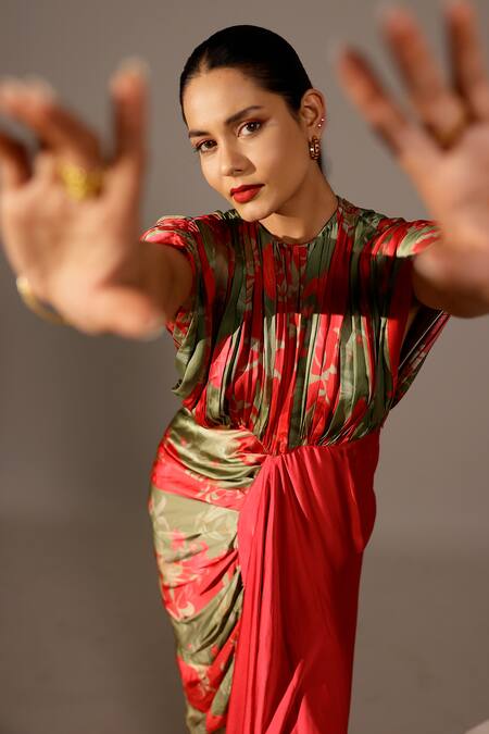 Shop_Studio Surbhi_Pink Georgette Round Neck Floral Printed Pleated Bodice Gown _Online_at_Aza_Fashions