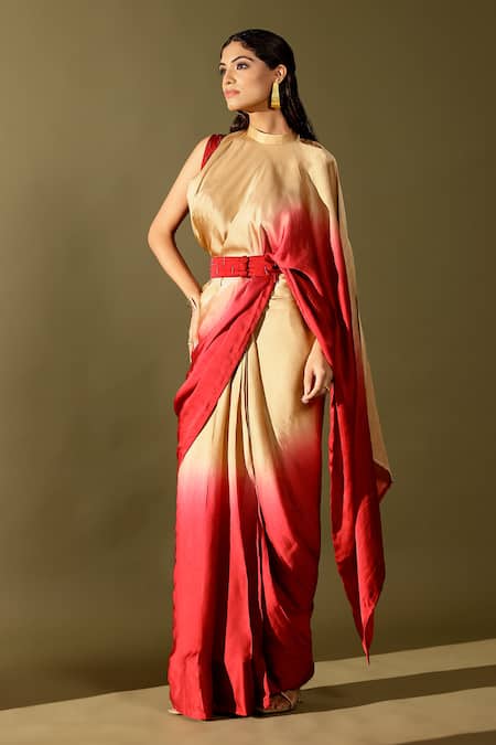 Buy_Studio Surbhi_Red Georgette, Satin Embroidery, Cut Work, Ombre Pre-draped Saree With Blouse _Online_at_Aza_Fashions