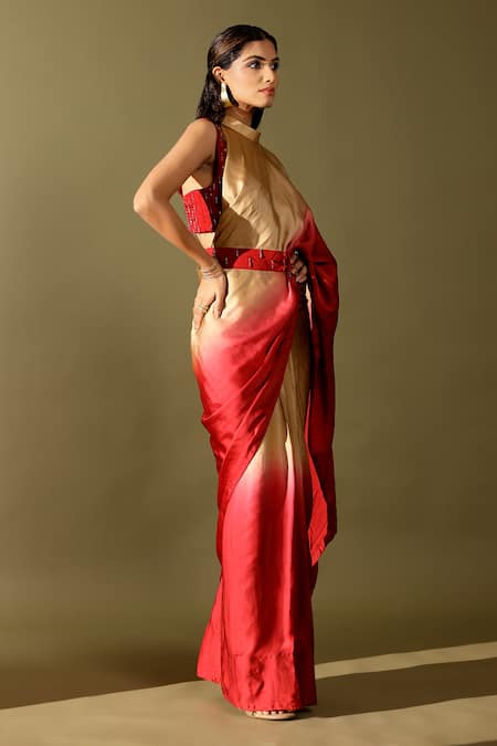 Shop_Studio Surbhi_Red Georgette, Satin Embroidery, Cut Work, Ombre Pre-draped Saree With Blouse _Online_at_Aza_Fashions