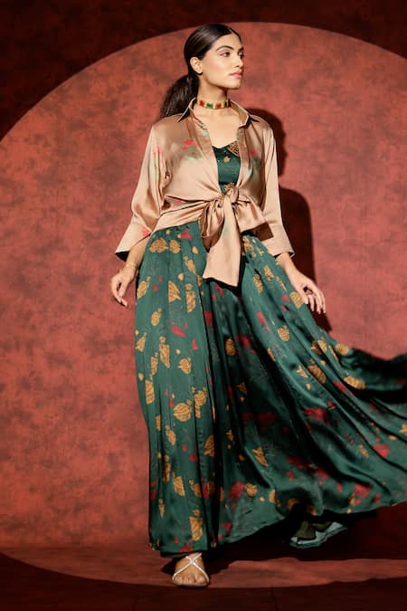 Buy_Studio Surbhi_Green Georgette, Satin V-neck, Floral Print Lehenga Set With Matching Shirt _Online_at_Aza_Fashions
