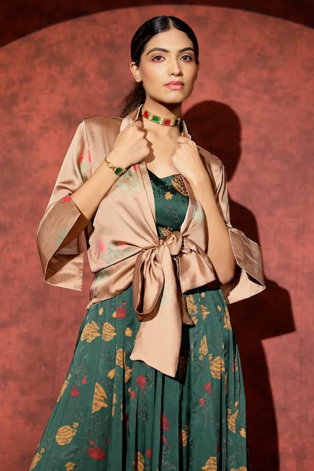 Shop_Studio Surbhi_Green Georgette, Satin V-neck, Floral Print Lehenga Set With Matching Shirt _Online_at_Aza_Fashions