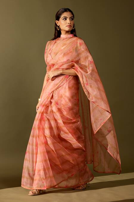 Studio Surbhi_Pink Organza Cut Work, Sequins Sweetheart Neck Embroidered Pre-draped Saree _Online_at_Aza_Fashions