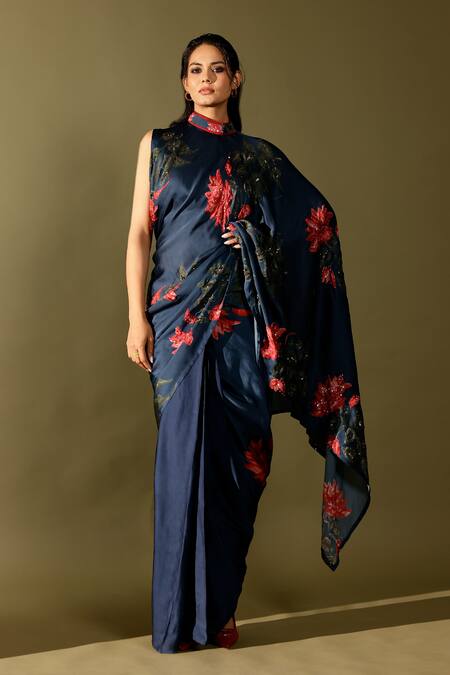 Studio Surbhi_Blue Georgette, Satin Cut Work, Sequins, Beads Embroidered Pre-draped Saree Set _Online_at_Aza_Fashions