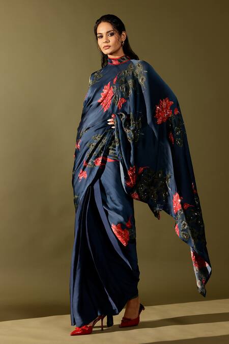 Buy_Studio Surbhi_Blue Georgette, Satin Cut Work, Sequins, Beads Embroidered Pre-draped Saree Set _Online_at_Aza_Fashions