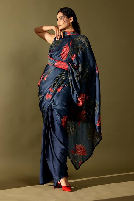Shop_Studio Surbhi_Blue Georgette, Satin Cut Work, Sequins, Beads Embroidered Pre-draped Saree Set _Online_at_Aza_Fashions