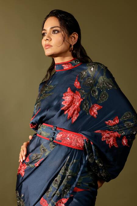 Studio Surbhi_Blue Georgette, Satin Cut Work, Sequins, Beads Embroidered Pre-draped Saree Set _at_Aza_Fashions