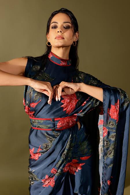 Buy_Studio Surbhi_Blue Georgette, Satin Cut Work, Sequins, Beads Embroidered Pre-draped Saree Set 