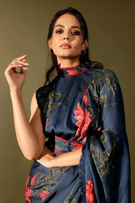 Shop_Studio Surbhi_Blue Georgette, Satin Cut Work, Sequins, Beads Embroidered Pre-draped Saree Set 