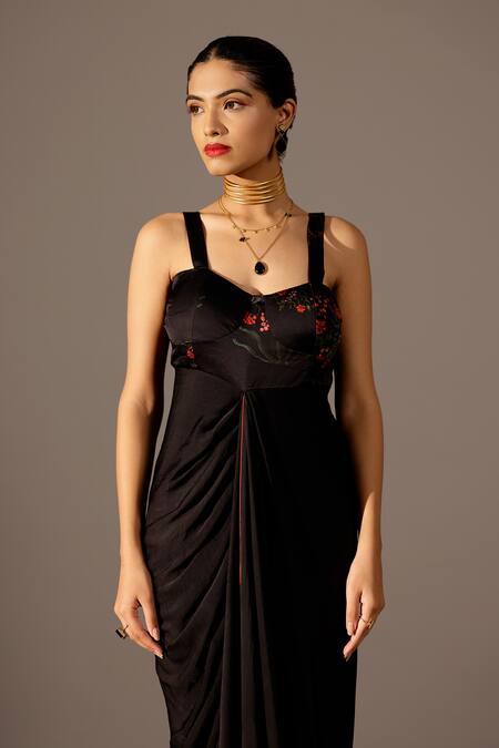 Studio Surbhi_Black Georgette, Satin Embroidery Sweetheart Neck Floral Print Draped Gown _Online_at_Aza_Fashions