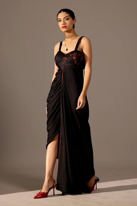 Buy_Studio Surbhi_Black Georgette, Satin Embroidery Sweetheart Neck Floral Print Draped Gown _Online_at_Aza_Fashions