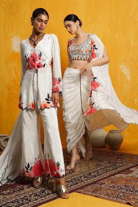 Shop_Day And Mood_White Crepe, Georgette Mirrors, Embroidery Floral Print Cape Draped Skirt Set _at_Aza_Fashions